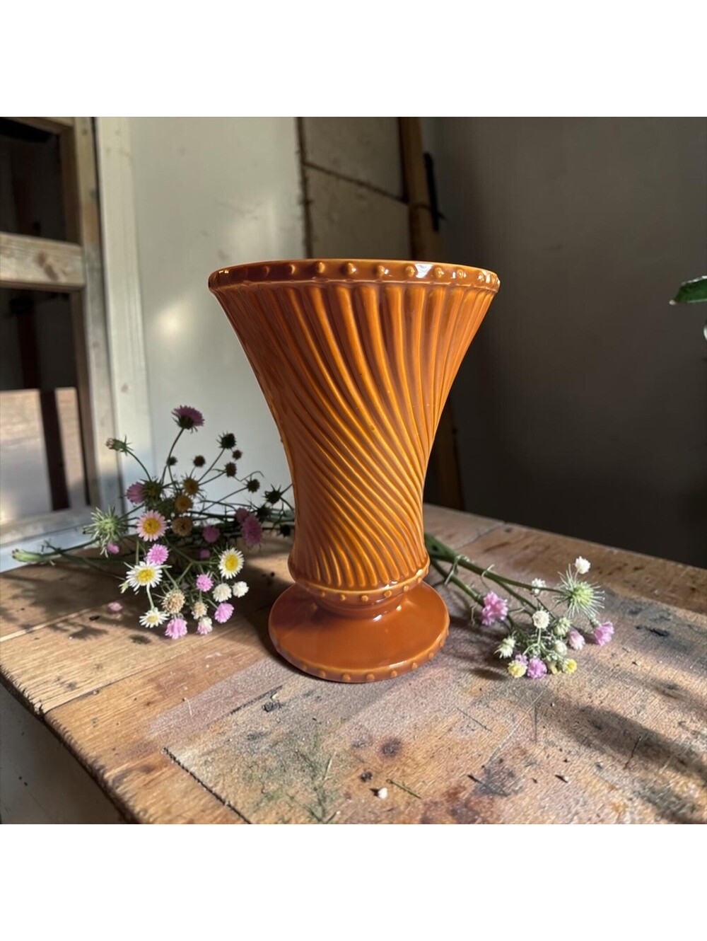 McCoy USA Pottery Burnt Orange Swirl & Dot Footed Vase 8"H MCM Vintage